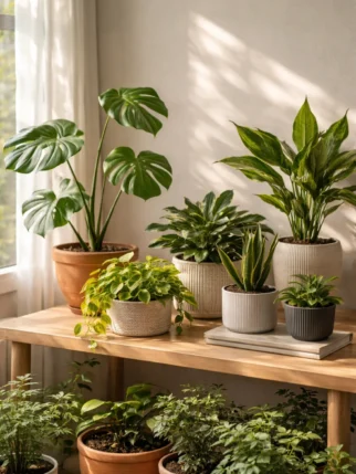 Healthy indoor plants in ceramic and terracotta pots near a window at Gayatri Nursery Amravati