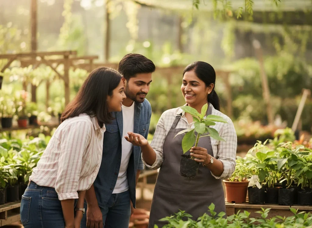 Plant expert guiding customers at Gayatri Nursery in Amravati