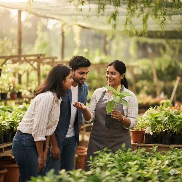 Plant expert guiding customers at Gayatri Nursery in Amravati