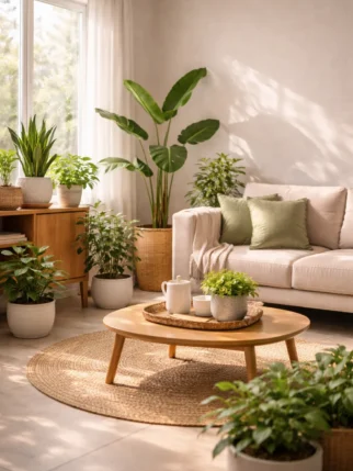 Modern Indian living room filled with healthy indoor plants, wooden furniture, and soft natural sunlight creating a peaceful atmosphere.