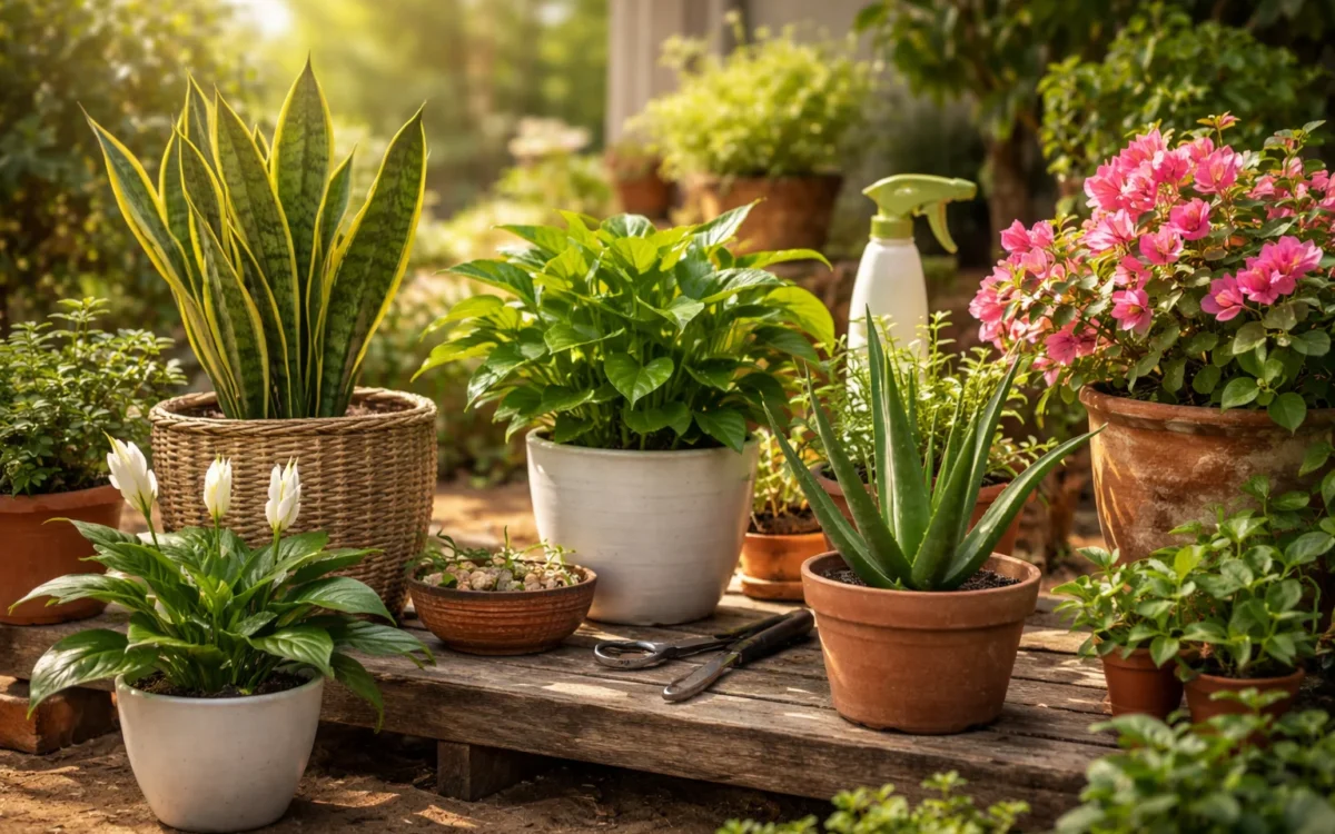 low maintenance indoor plants for Indian homes including snake plant money plant aloe vera peace lily and bougainvillea