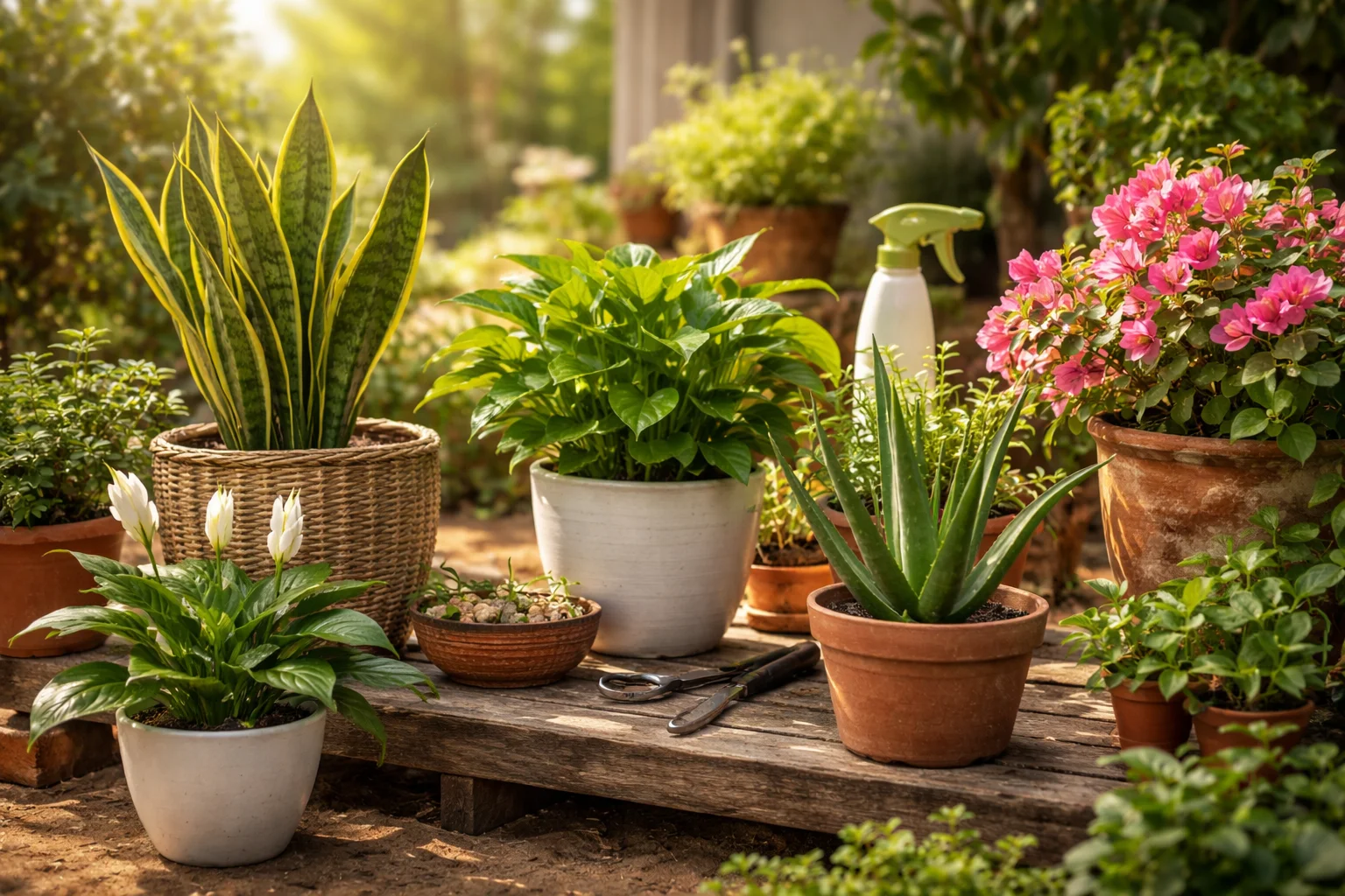 low maintenance indoor plants for Indian homes including snake plant money plant aloe vera peace lily and bougainvillea